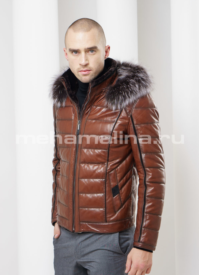 Кожаный пуховик модель № ПМ-55 меха малина