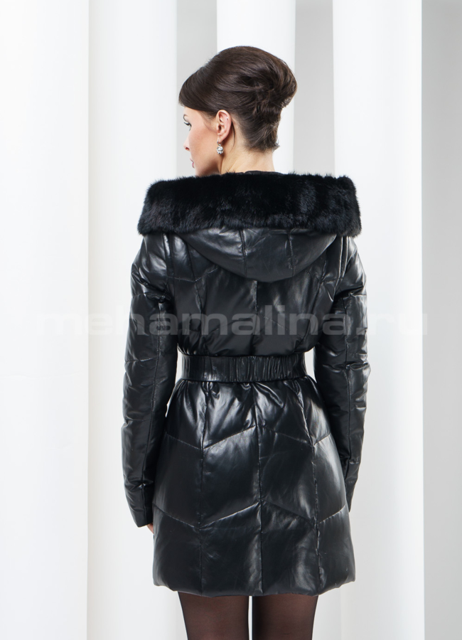 Кожаный  пуховик-жилет с норкой модель № П-28 в кредит