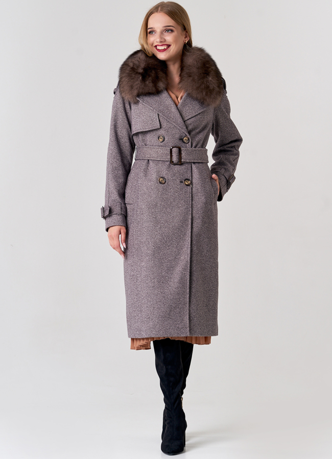 Женское двубортное пальто с отделкой из песца модель № 21639 универмаг малина