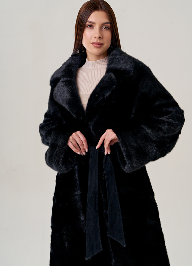 Длинная шуба из норки с английским воротником модель № 2201 универмаг малина
