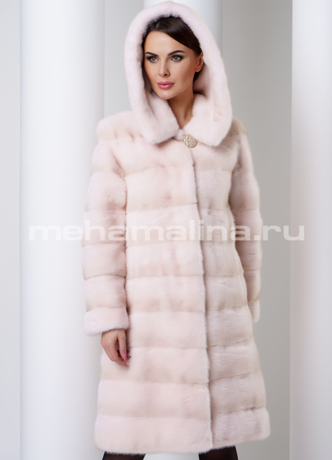Норковая шуба с капюшоном модель № S-552 меха малина