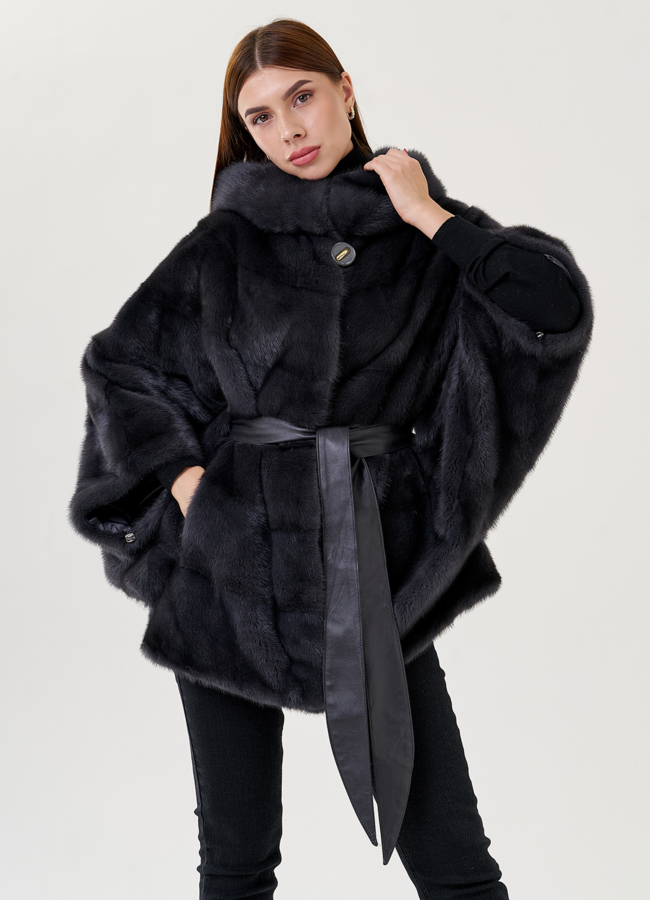 Шуба из норки в цвете графит с капюшоном  модель № 23359 универмаг малина