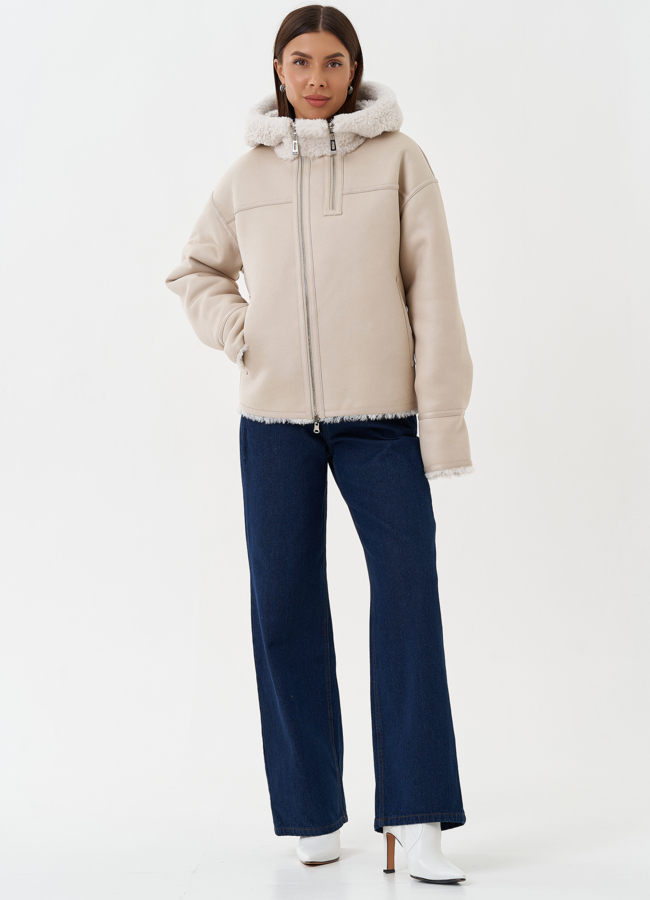 Двухсторонняя дубленка из эко кожи с капюшоном модель № 28653 в кредит