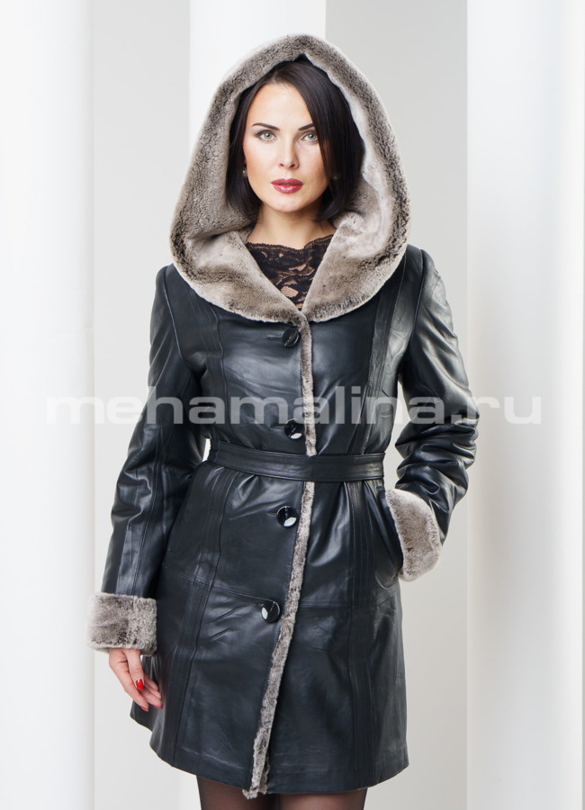 Кожаный плащ утепленный, на овчине модель № K-263 меха малина