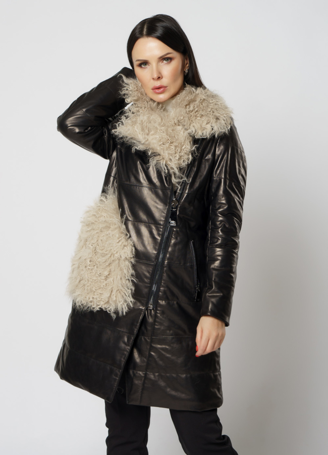 Полупальто женское из натуральной кожи черного цвета модель № 18236 универмаг малина