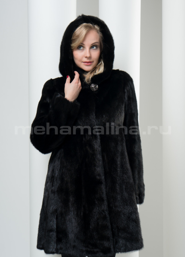 Шуба норка с капюшоном модель № S-95 меха малина