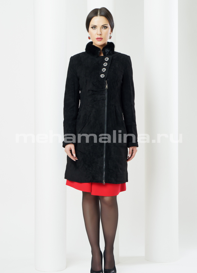 Замшевый плащ модель № K-288 меха малина