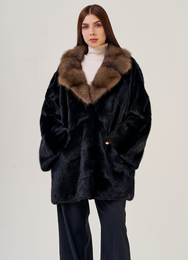 Шуба из норки оверсайз с английским воротником модель № 72128 меха малина