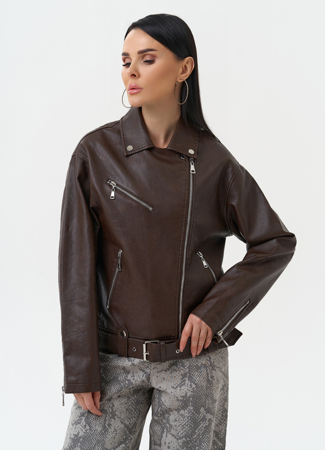 Куртка косуха из эко кожи коричневого цвета модель № 30299 универмаг малина Куртка косуха из эко кожи коричневого цвета модель № 30299 универмаг малина