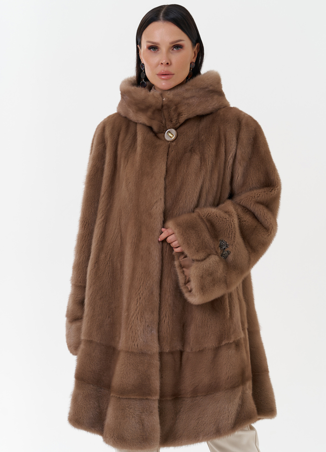 Шуба из скандинавской норки с капюшоном модель № 27595 меха малина