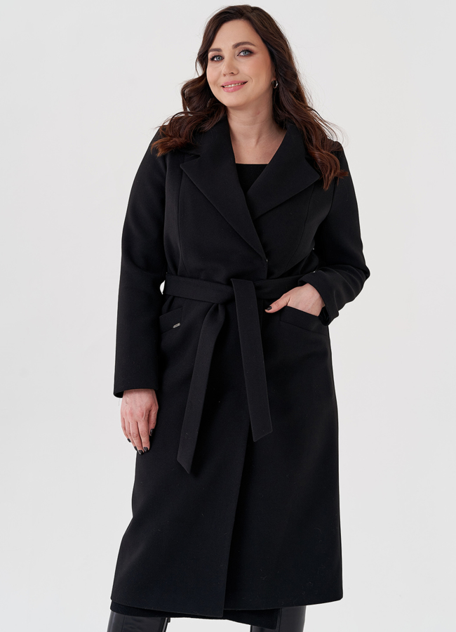 Классическое женское пальто в черном цвете модель № 23626 меха малина