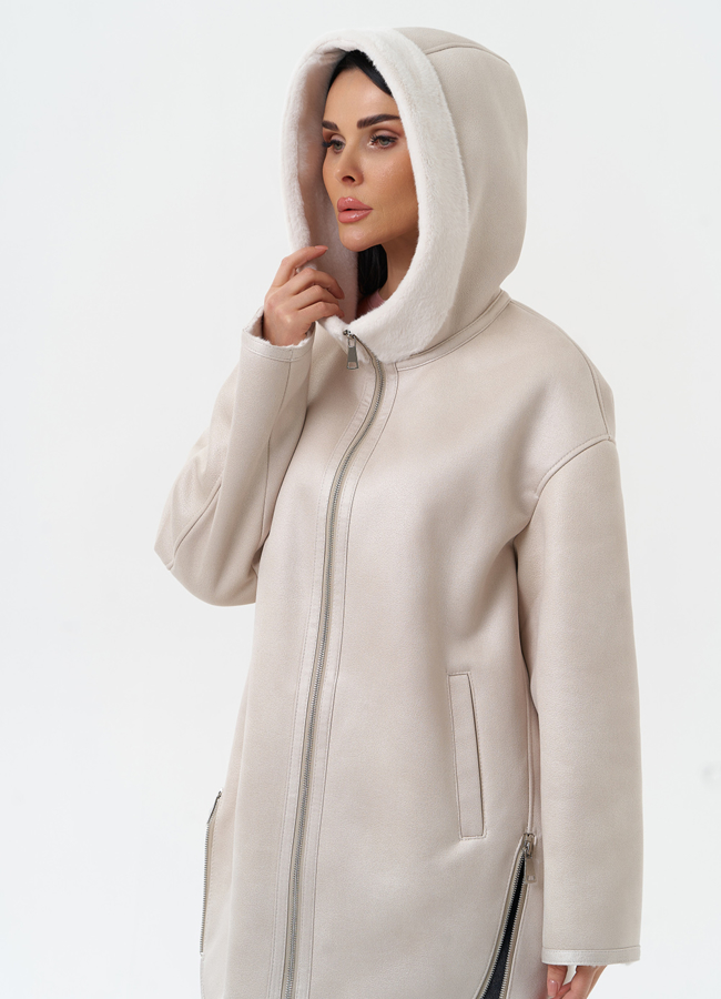 Женская дубленка из эко замши с капюшоном модель № 30205 универмаг малина