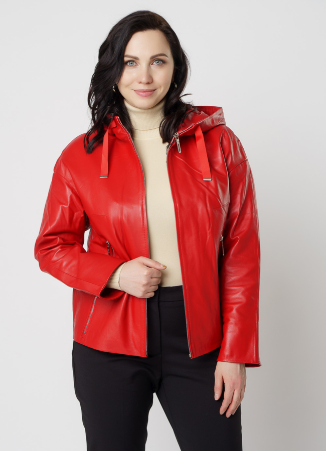 Красная кожаная куртка с капюшоном модель № 91208 универмаг малина