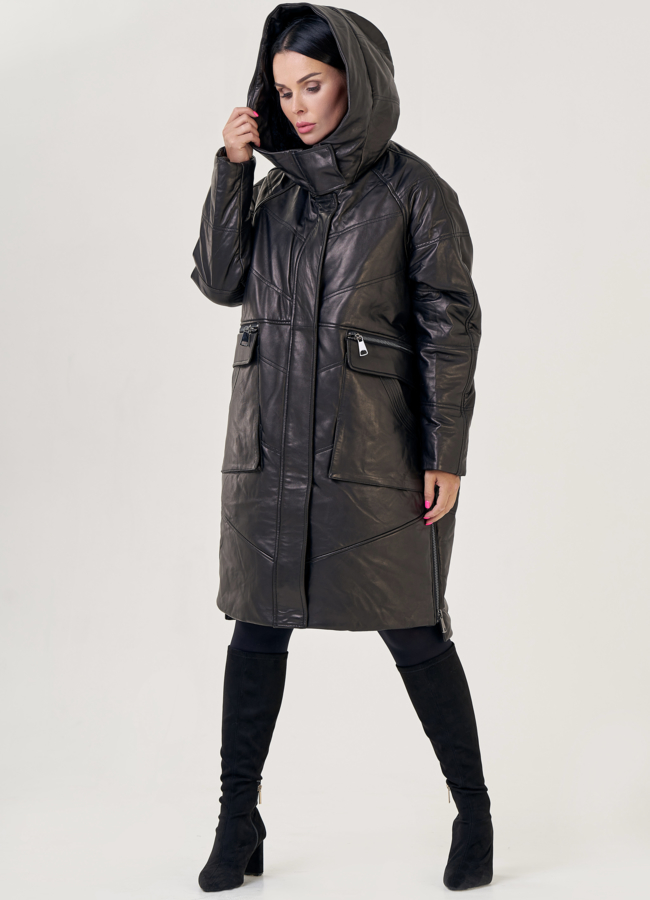 Женский пуховик из натуральной кожи с капюшоном модель № 23266 универмаг малина
