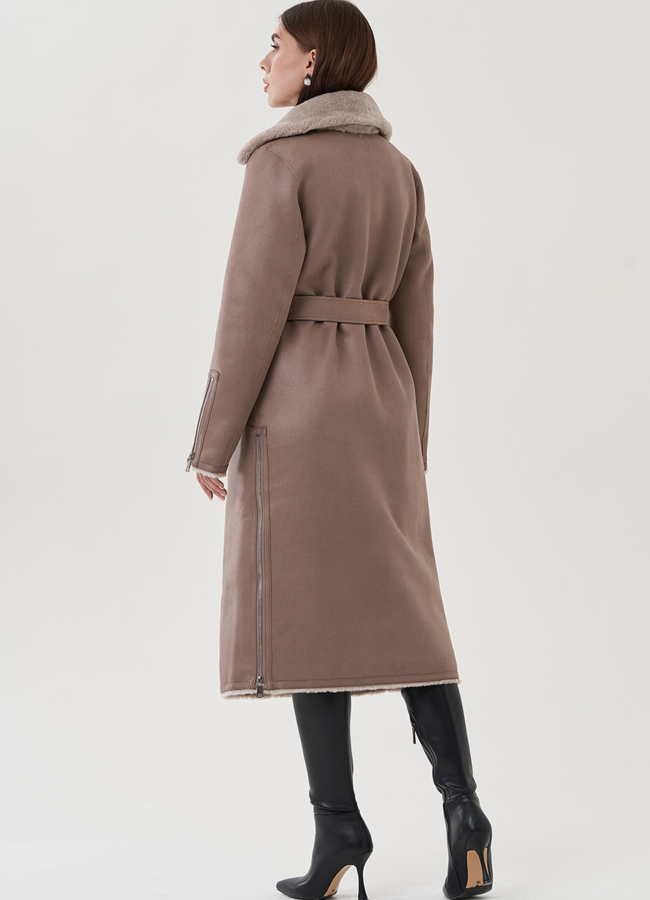 Удлиненная дубленка из эко замши в цвете мокко модель № 25411 универмаг малина
