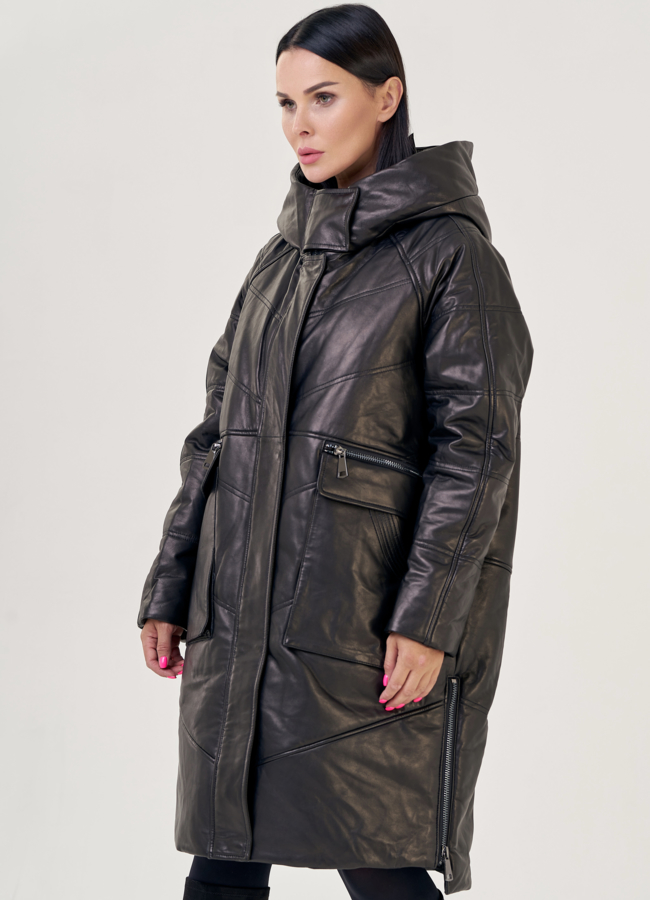 Женский пуховик из натуральной кожи с капюшоном модель № 23266 универмаг малина