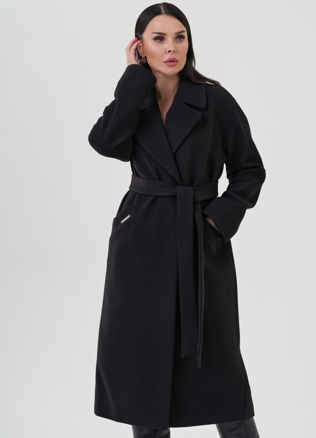 Женское пальто черного цвета с английским воротником модель № 22959 в рассрочку