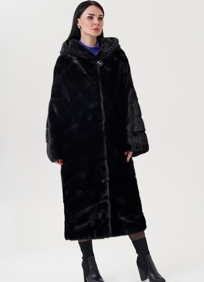 фото Шуба из норки черного цвета с капюшоном  модель № 23085