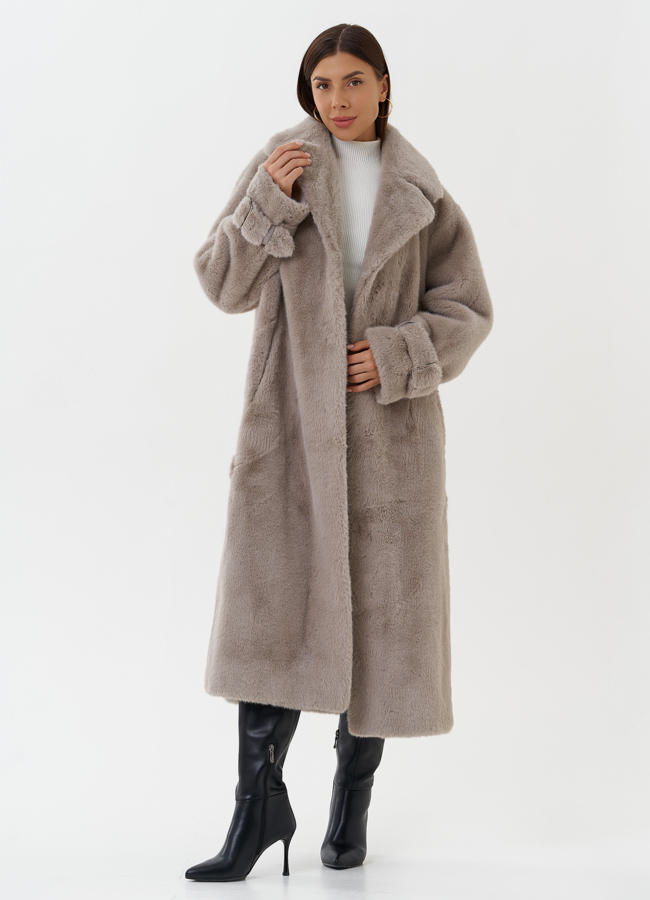 Пальто из экомеха с поясом  модель № 27796 универмаг малина