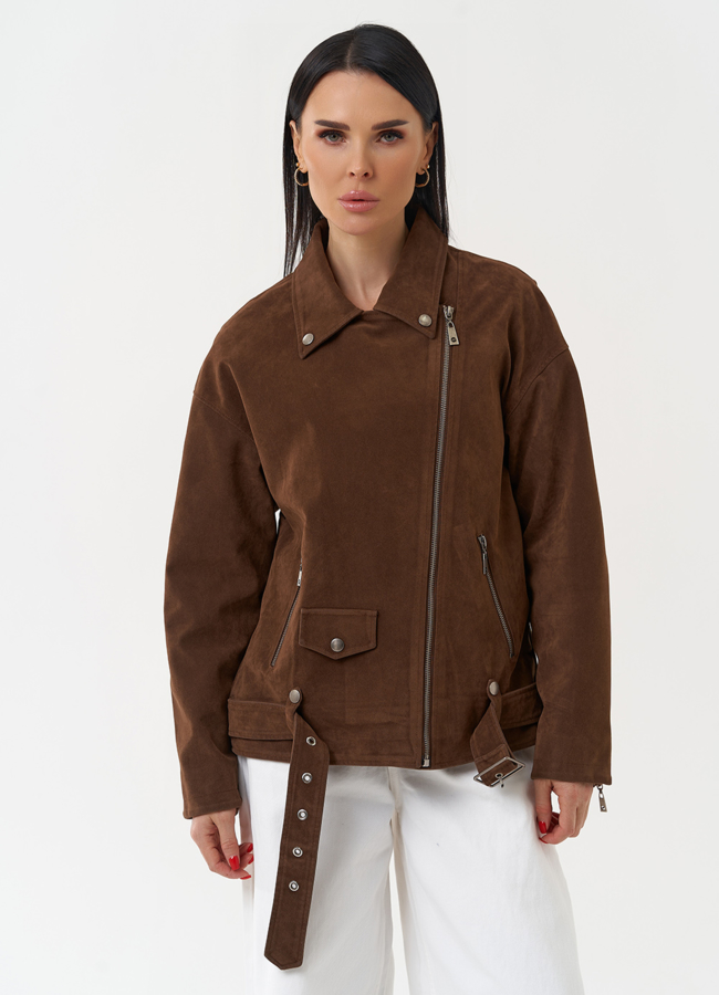 Куртка косуха из эко замши коричневого цвета модель № 30387 в рассрочку