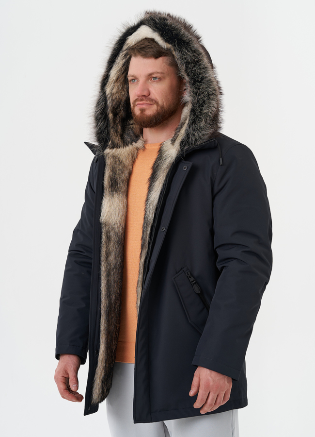 Полупальто с капюшоном из меха енота модель № 26152 универмаг малина