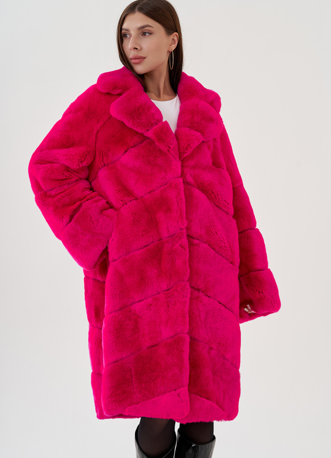 Удлиненная женская шуба из кролика в цвете фуксия модель № 81858 меха малина