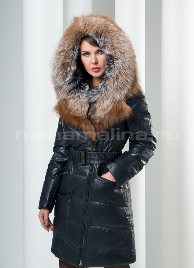 Синий кожаный пуховик с капюшоном модель № П-21 в кредит