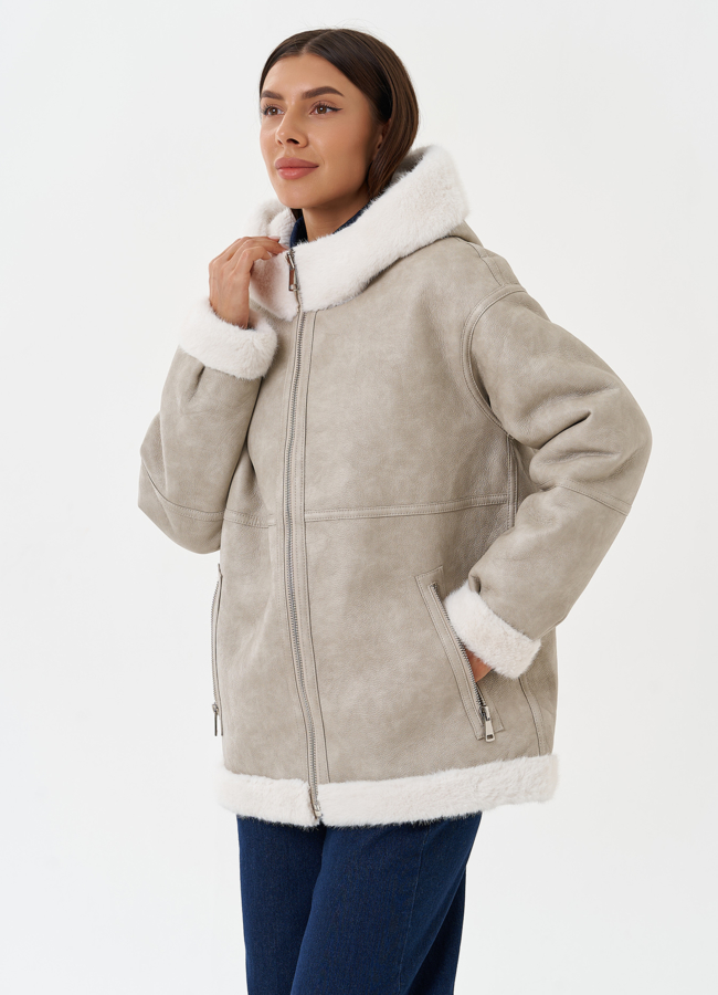 Двухсторонняя дубленка с капюшоном модель № 27759 в кредит