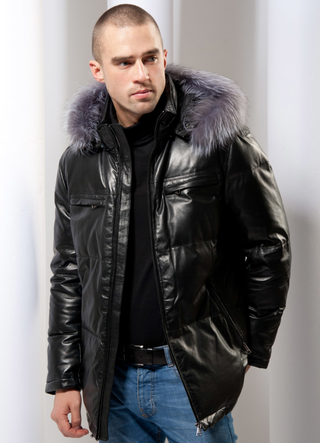 Кожаный пуховик модель № ПМ-7 меха малина