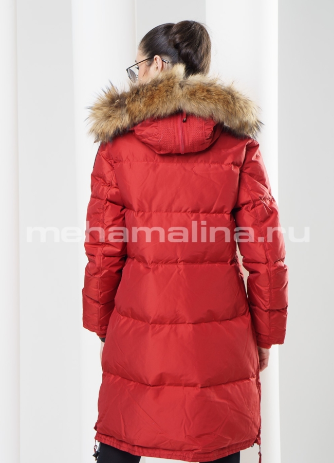 Пуховик красного цвета с капюшоном модель № П-50 в рассрочку
