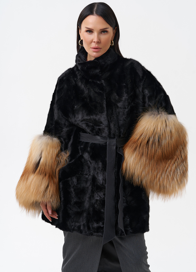 Норковая шуба с лисой модель № 29217 универмаг малина