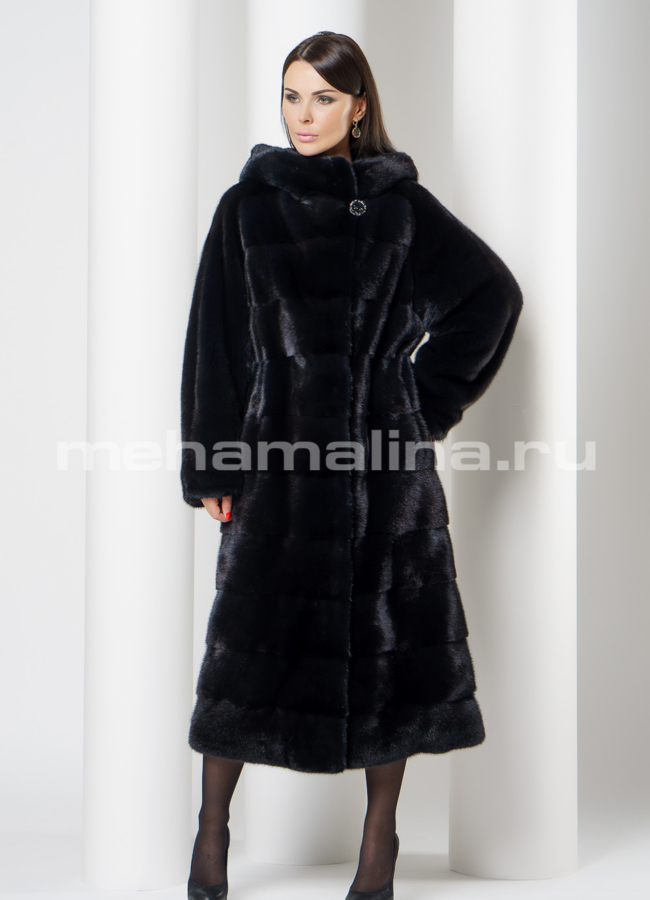 фото Норковая шуба с капюшоном черного цвета модель №  S-725