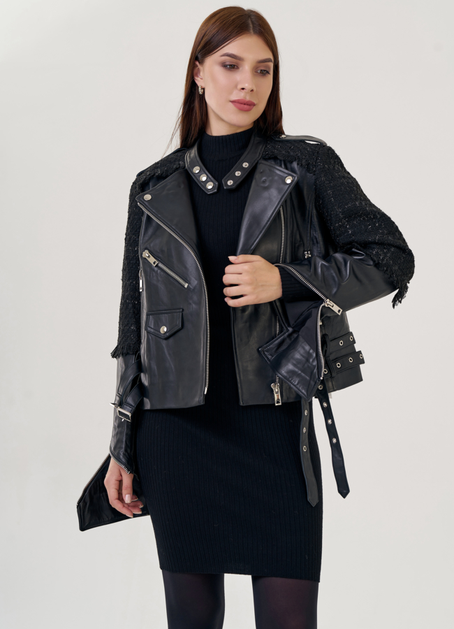 Женская кожаная куртка-косуха модель № 23258 меха малина