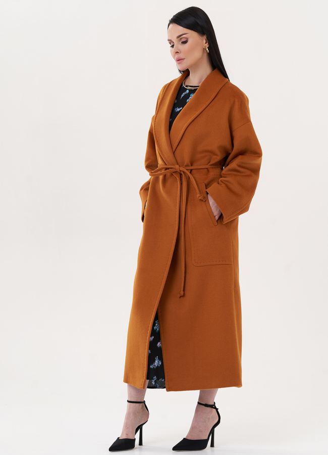 Длинное пальто с воротником шаль модель № 27101 меха малина Длинное пальто с воротником шаль модель № 27101 меха малина