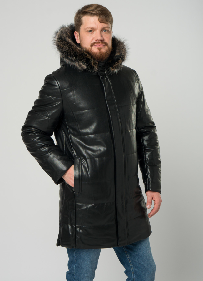 Мужской пуховик из эко кожи черного цвета с капюшоном модель № 21968 в рассрочку