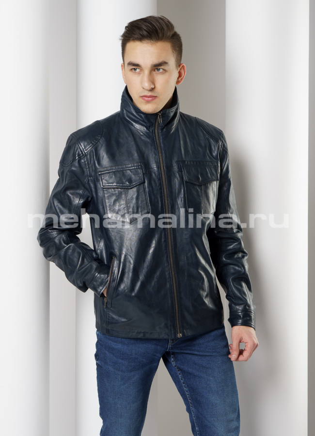 Кожаная куртка с капюшоном синего цвета модель № 001 универмаг малина