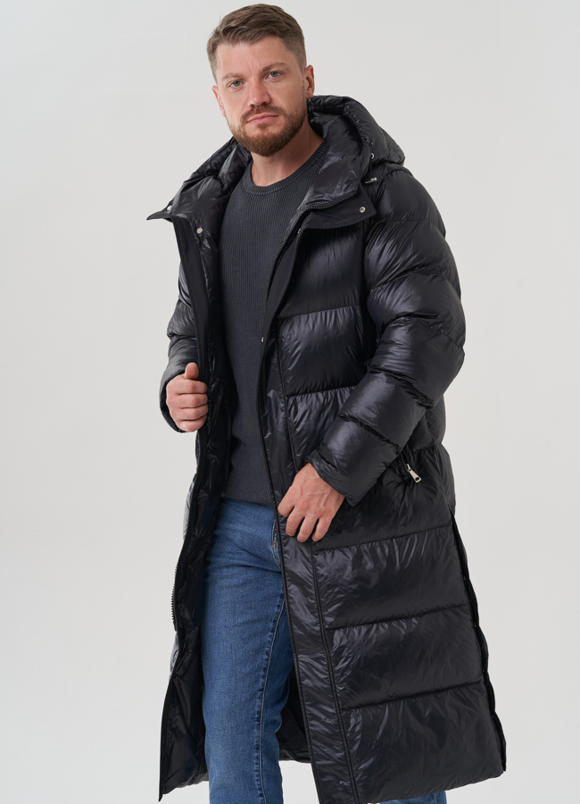 Пуховик мужской черного цвета с капюшоном  модель № 82442 в рассрочку