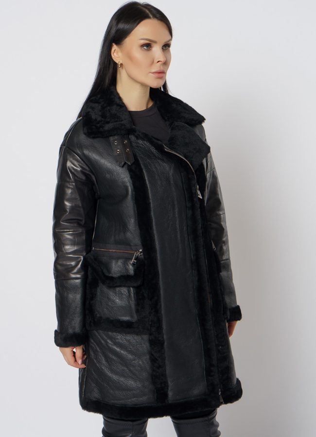 Пуховик из натуральной кожи с мехом модель № 21790 универмаг малина