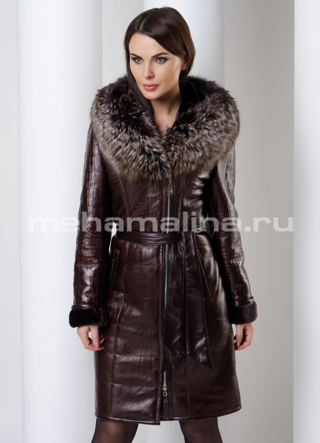 Дубленка из эко кожи коричневого цвета с натуральным мехом модель № 15002-1 универмаг малина