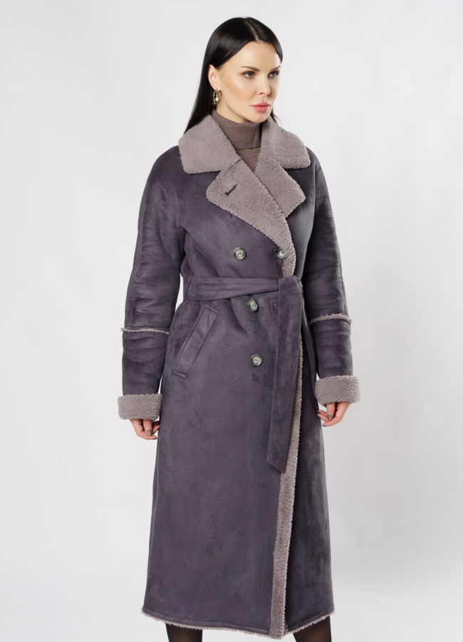 Удлиненная дубленка из эко кожи с поясом модель № 18264 в кредит