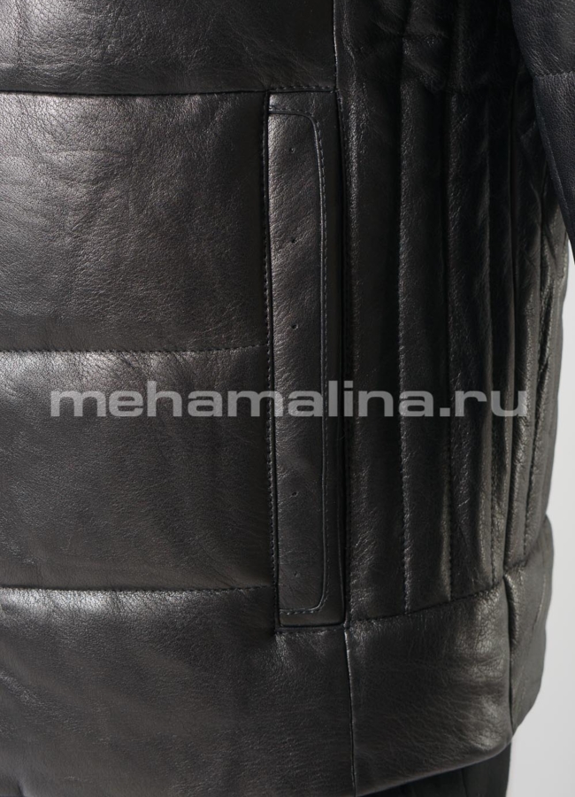Кожаный пуховик черного цвета на молнии модель № ПМ-104 универмаг малина