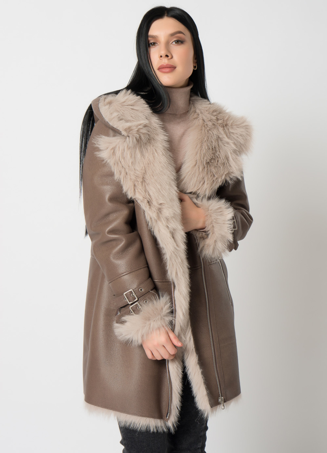Дубленка из эко меха под тоскану модель № 79315 меха малина