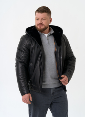 Мужской пуховик из натуральной кожи с капюшоном