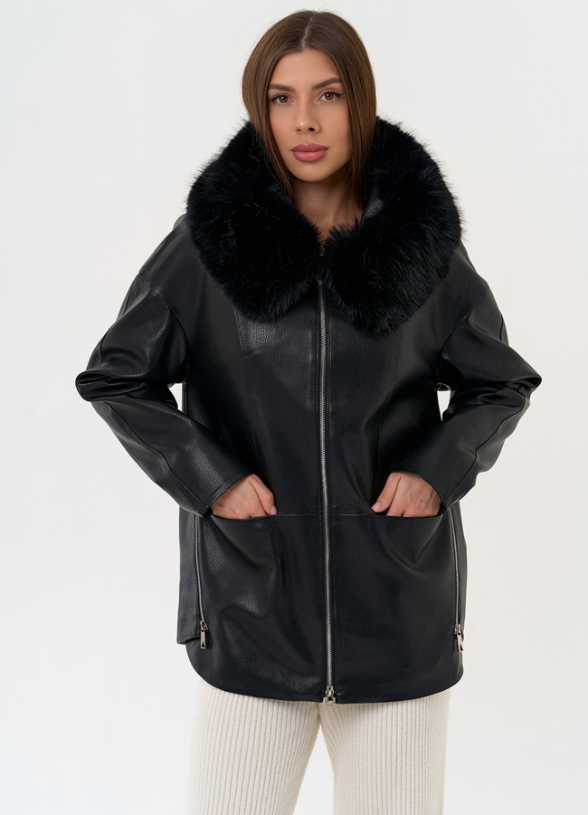 Женская утепленная куртка из эко кожи с капюшоном из эко меха модель № 31495 меха малина Женская утепленная куртка из эко кожи с капюшоном из эко меха модель № 31495 меха малина