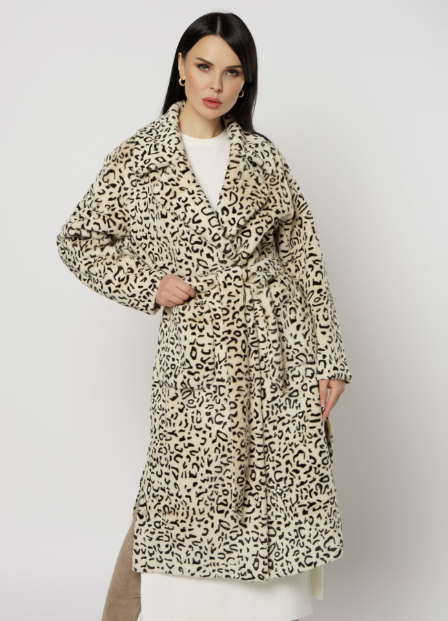 Женское пальто с леопардовым принтом модель № 18295 меха малина