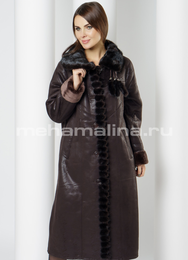 Удлиненная эко дубленка с отделкой из норки модель № J010 универмаг малина