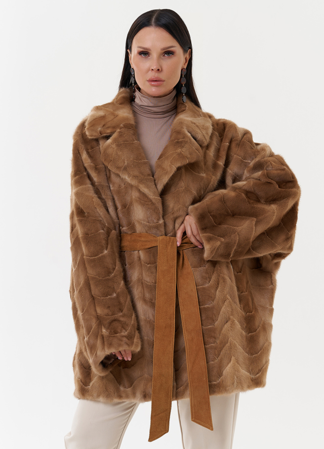 Женская шуба из скандинавской норки с поясом модель № 27636 меха малина