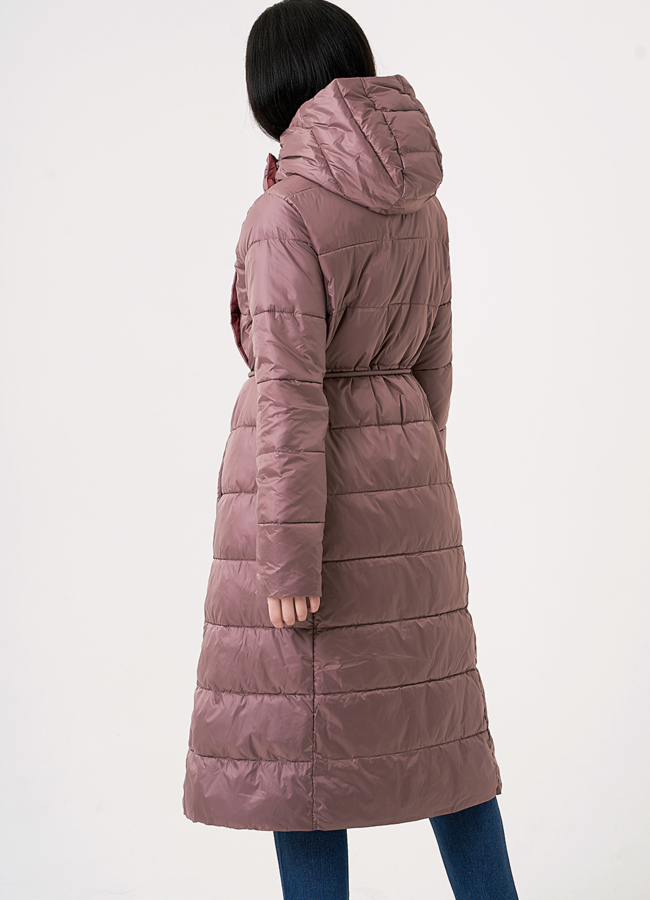 фото Пуховик женский на поясе с капюшоном модель № 110123