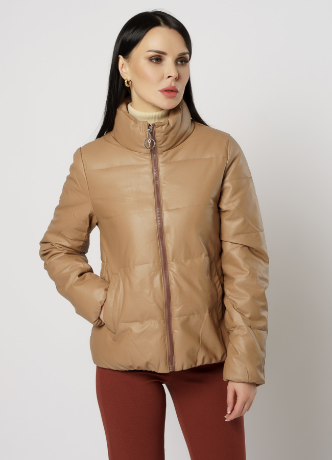 Женская куртка из эко кожи коричневого цвета модель № 20769 меха малина