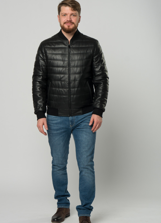 фото Мужская утепленная куртка-бомбер из натуральной кожи  модель № 18500